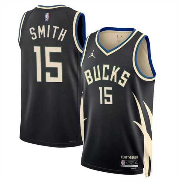 Mens Milwaukee Bucks #15 Tyler Smith Black 2024 Draft Statement Edition Stitched Basketball Jersey Dzhi->milwaukee bucks->NBA Jersey